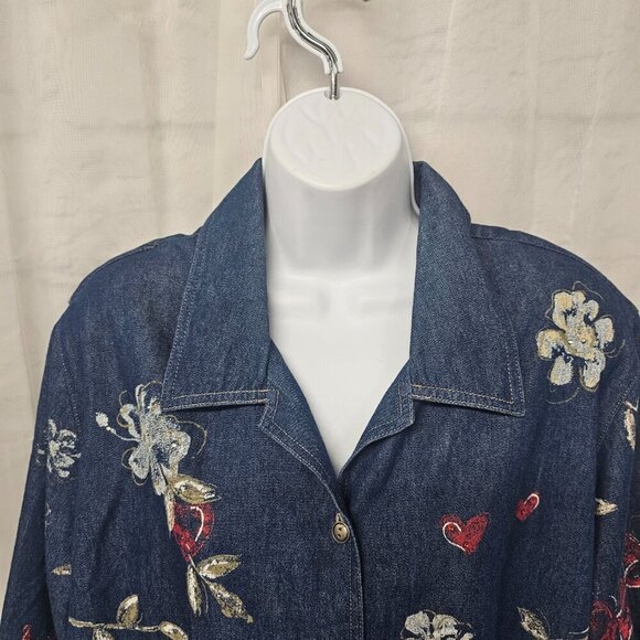 Vintage Blue Chambray Blouse "Painted" Floral Studded Ruched Boho Artsy 22W - Picture 2 of 12